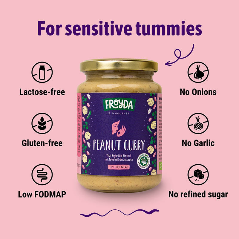 Froyda organic Peanut Curry jar - gluten-free and lactose-free ready meal.