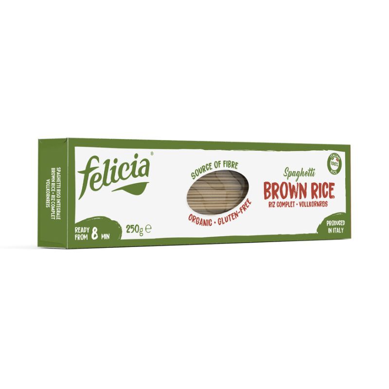 Box of Felicia brown rice spaghetti on a white background